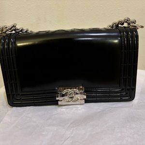 CHANEL Black glazed old medium size boy bag silver hardware. NWT. Never used.